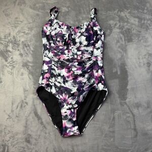 Aqua Eve Swimsuit Womens Large Purple Floral One Piece Tummy Control Ruched NWT